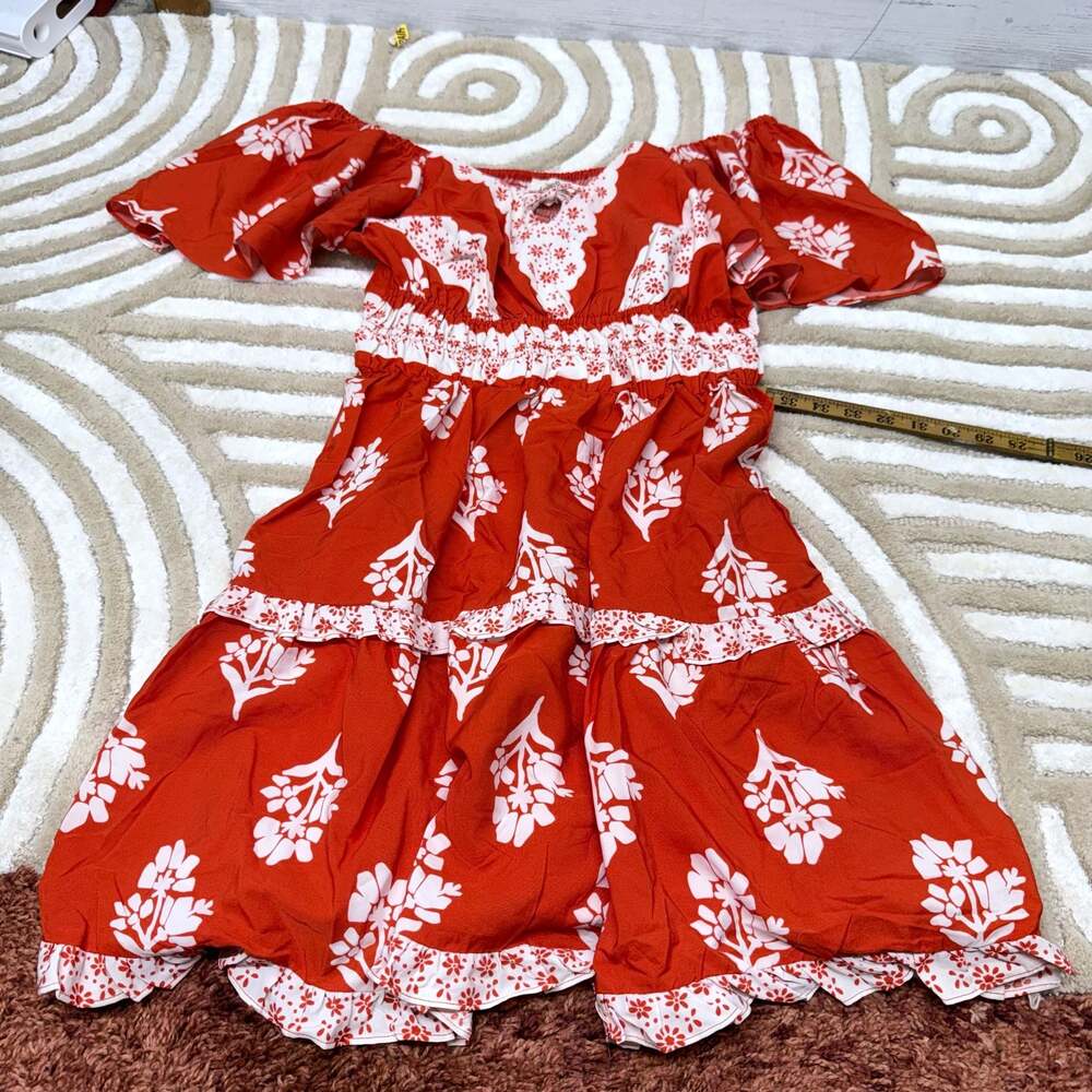 Umgee L Red and White Floral Boho Dress